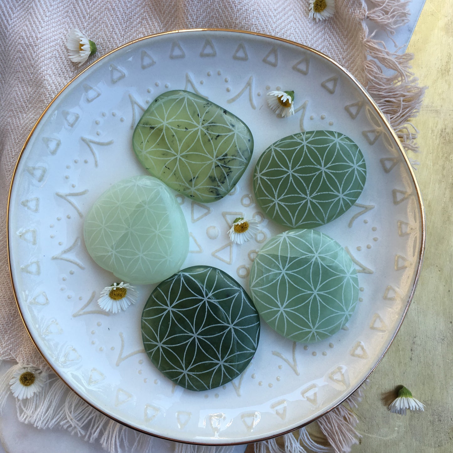 Jade Pocket Stone Etched with Mandala or Sacred Geometry