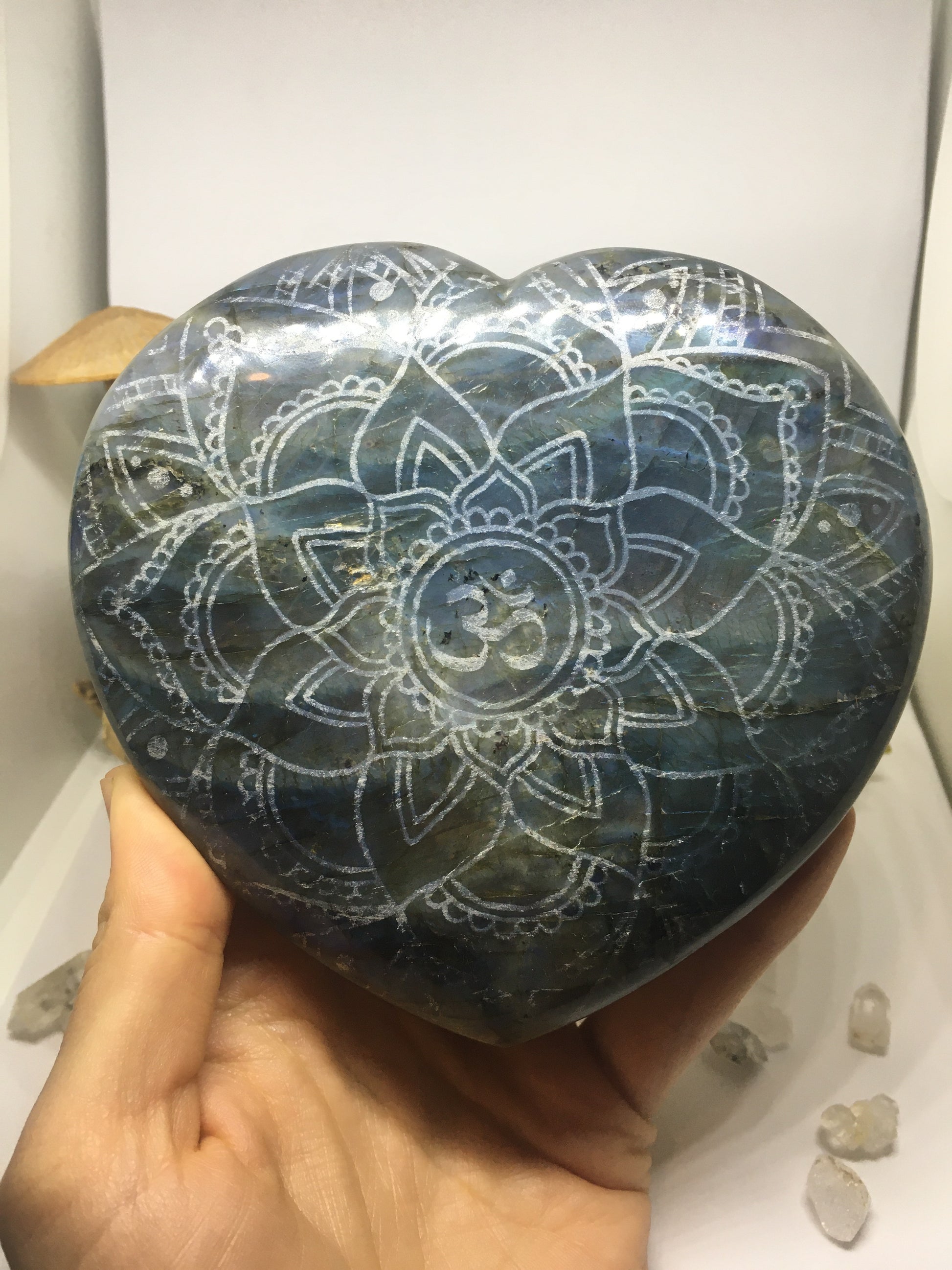 #137 Double Full Flash Baby Blue Extra Large Labradorite Heart Etched with Om Mandala - Fractalista Designs