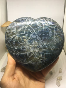 #137 Double Full Flash Baby Blue Extra Large Labradorite Heart Etched with Om Mandala