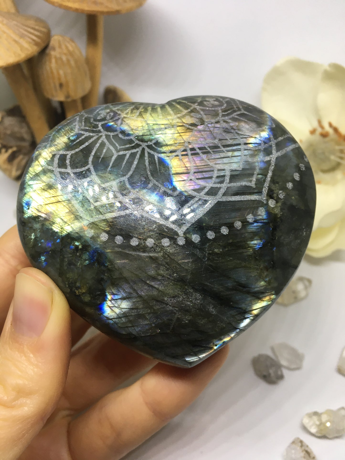 #134 Rainbow and Purple Flash Labradorite Heart Etched with Radiate Bliss Mandala - Fractalista Designs