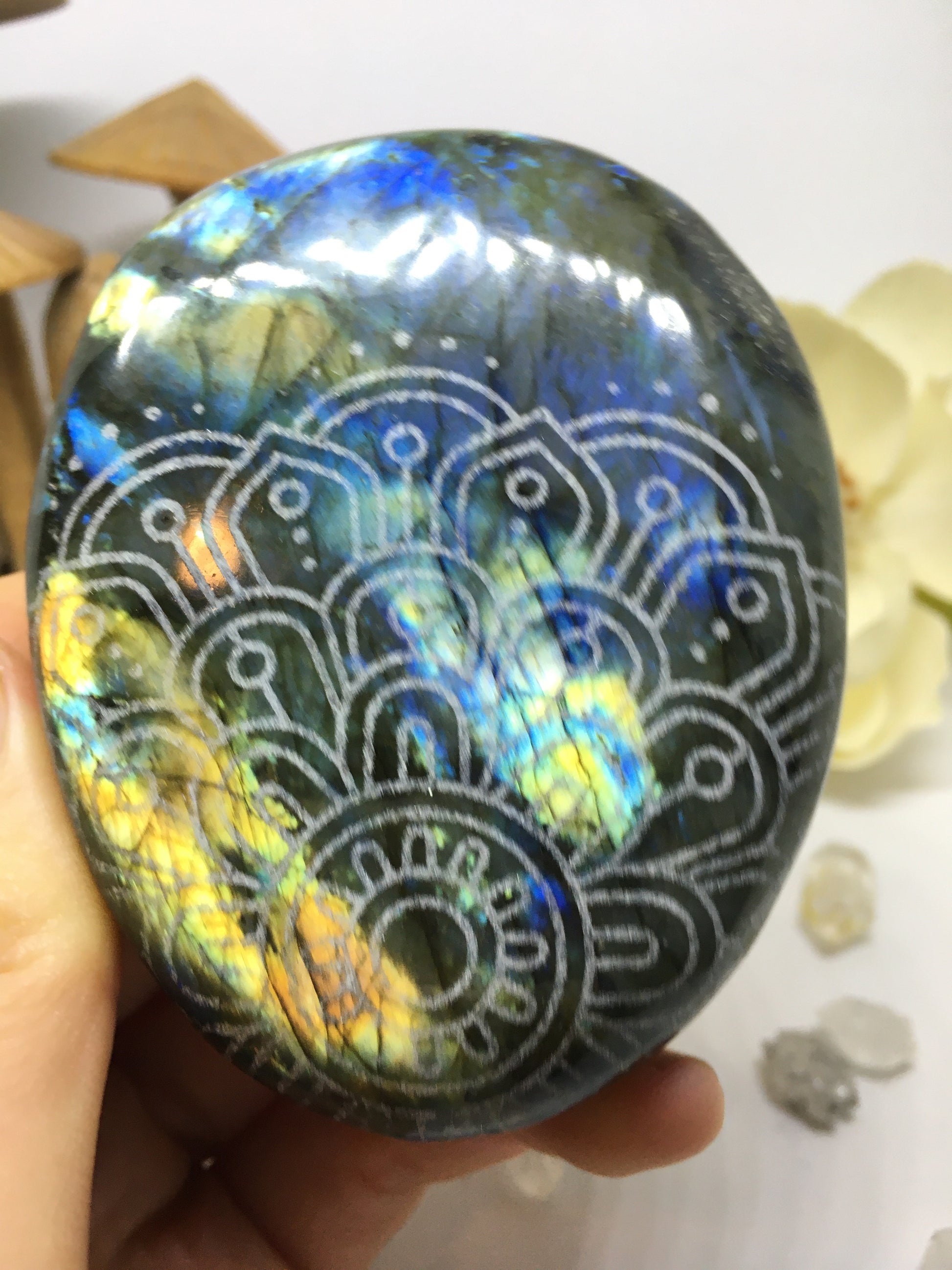 #117 Magestic Extra Large Labradorite Palmstone Etched with Cute Mandala - Fractalista Designs