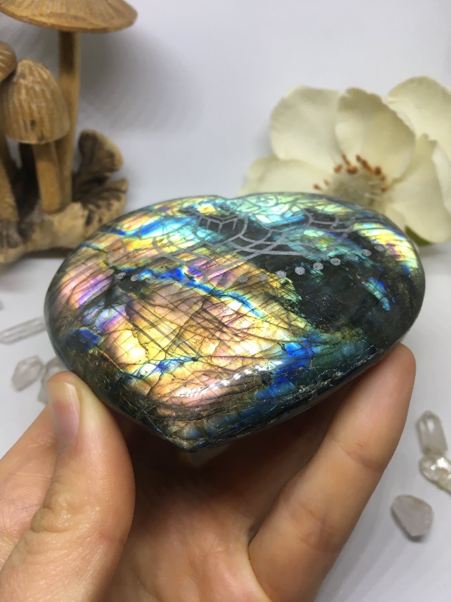 #135 Beautiful Deep Rainbow with Purple Large Labradorite Heart Etched with Radiate Bliss - Fractalista Designs