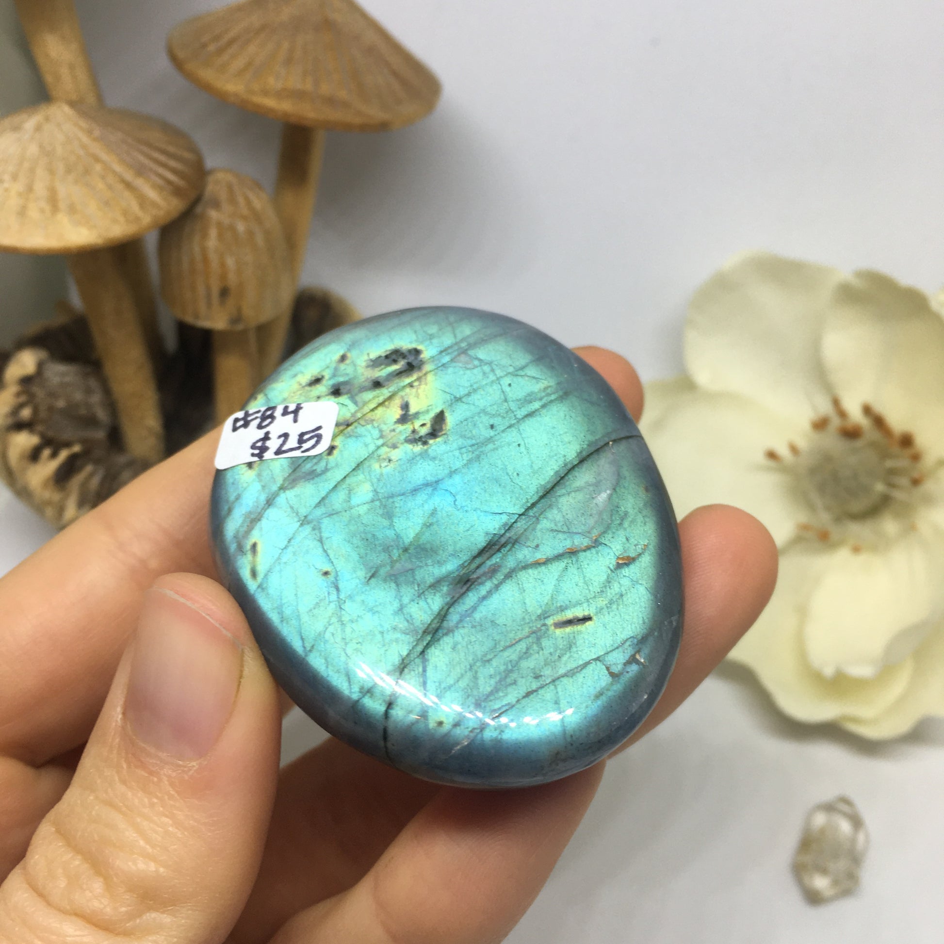 #84 Ultra Flashy Teal Blue Green Labradorite Palmstone Etched with Cute Mandala - Fractalista Designs