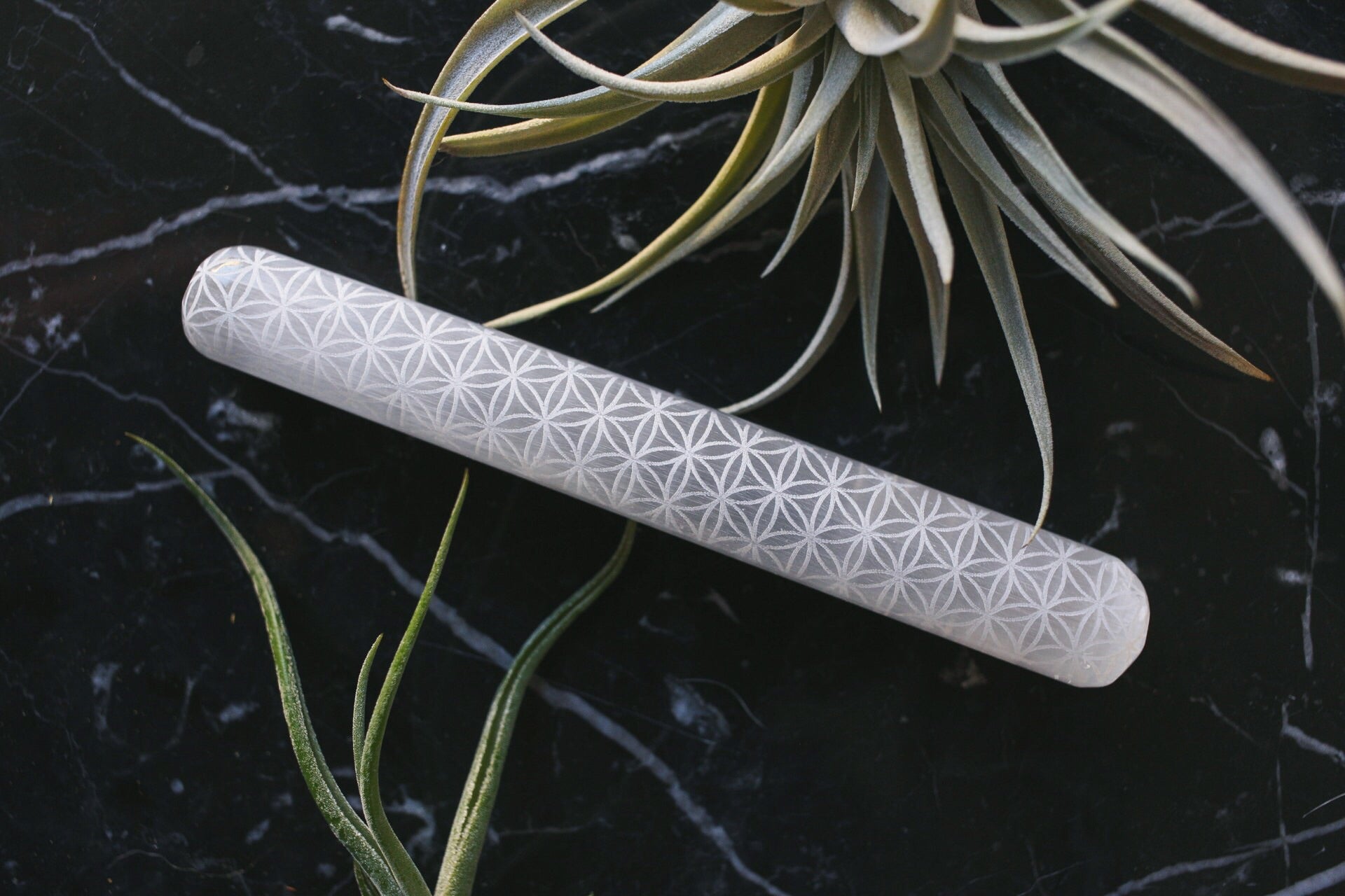 Etched Selenite Massage Wand Sacred Geometry "Flower of Life" - Fractalista Designs