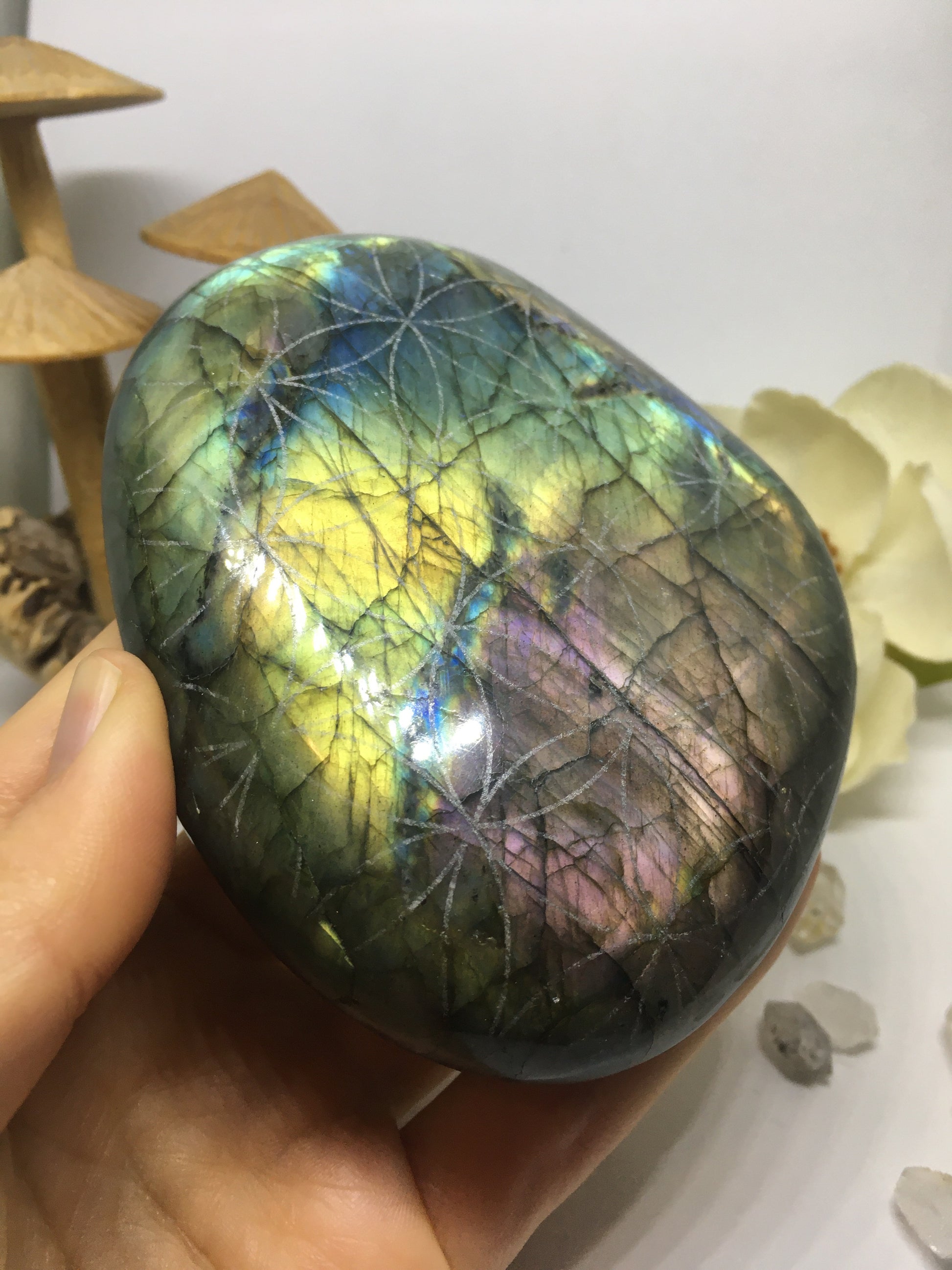 #130 Colorful Gold and Purple Extra Large Labradorite Palmstone Etched with Flower Of Life - Fractalista Designs