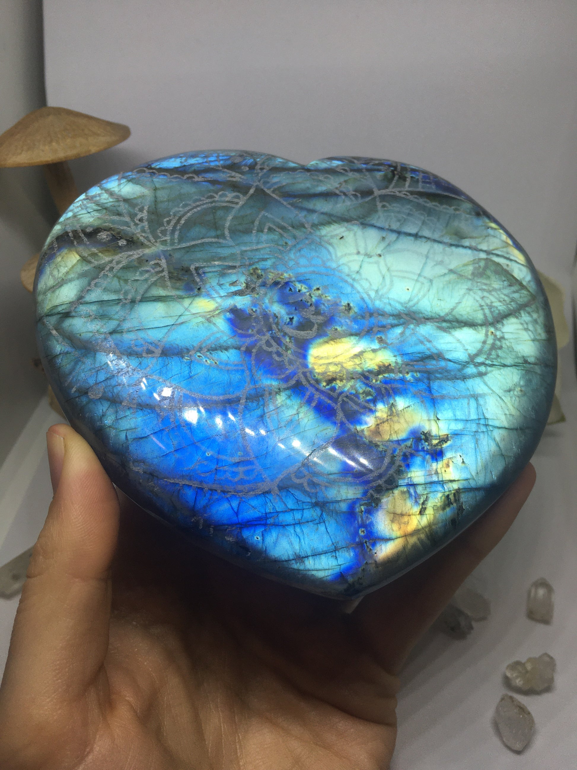 #137 Double Full Flash Baby Blue Extra Large Labradorite Heart Etched with Om Mandala - Fractalista Designs