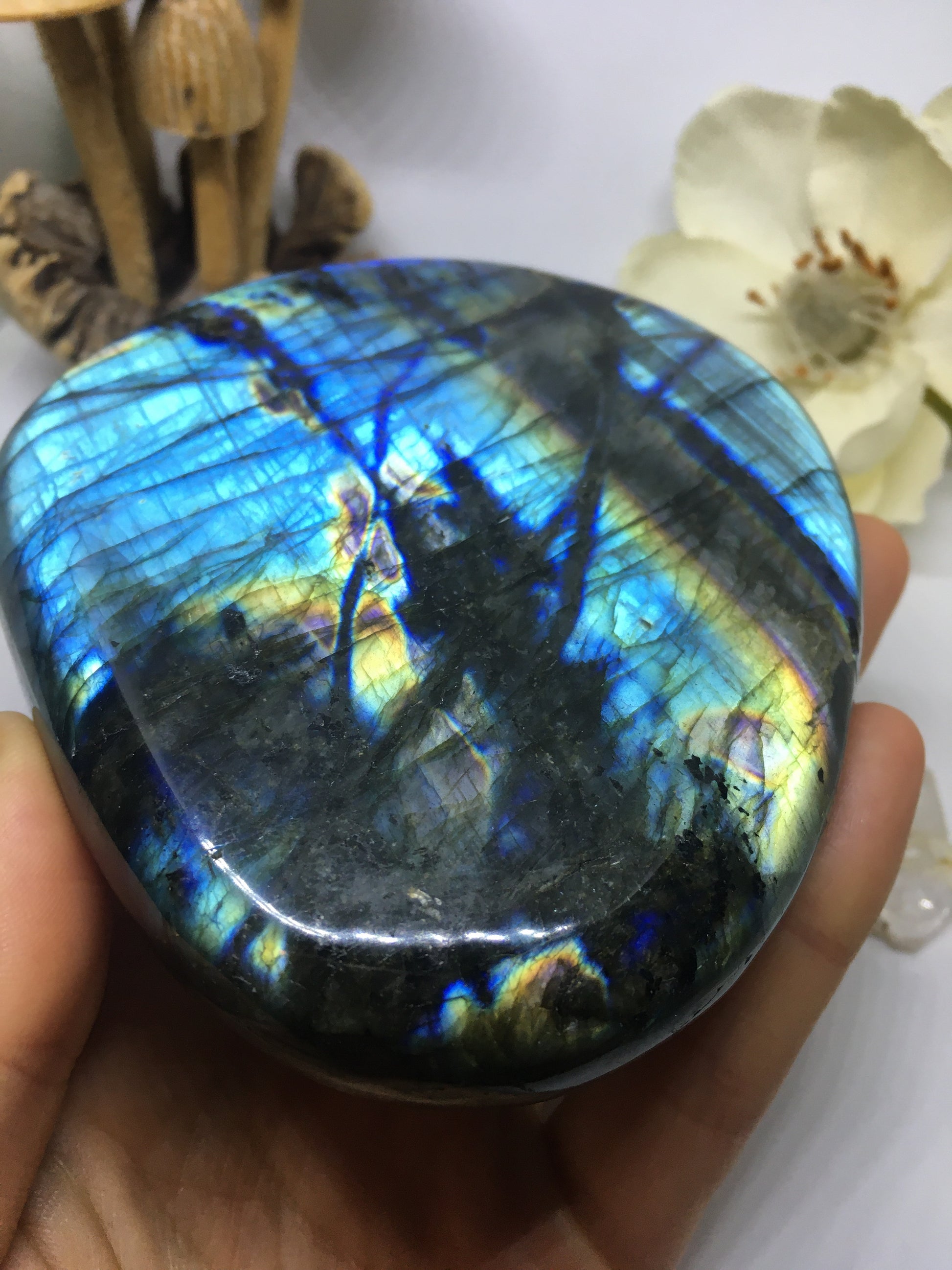 #132 Magnificent Deep Rainbow Electric Blue Gold and Purple Extra Large Labradorite Palmstone Etched with Flower Mandala - Fractalista Designs