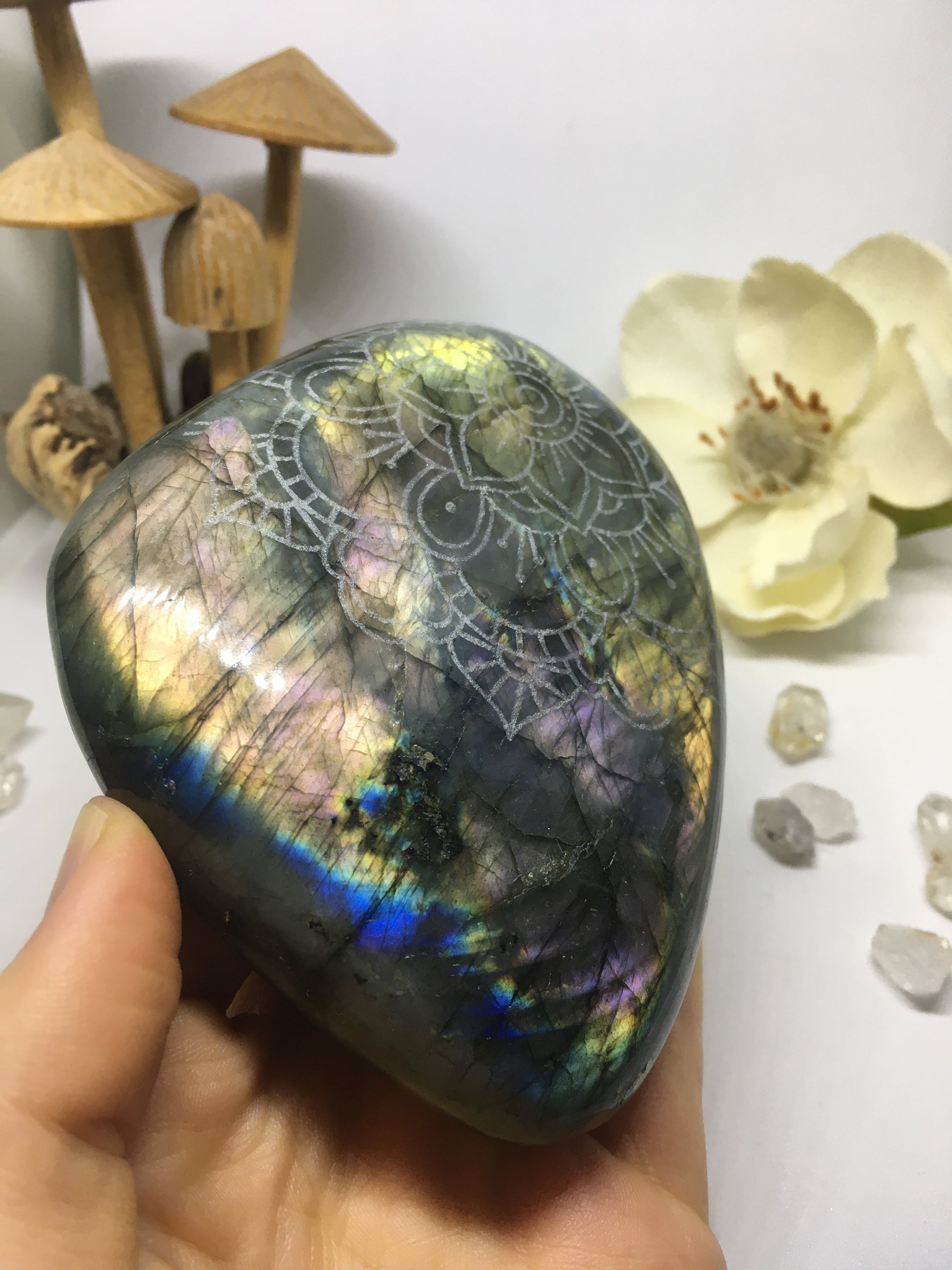#129 Luxurious Gold and Purple Extra Large Labradorite Palmstone Etched with Flower Mandala - Fractalista Designs