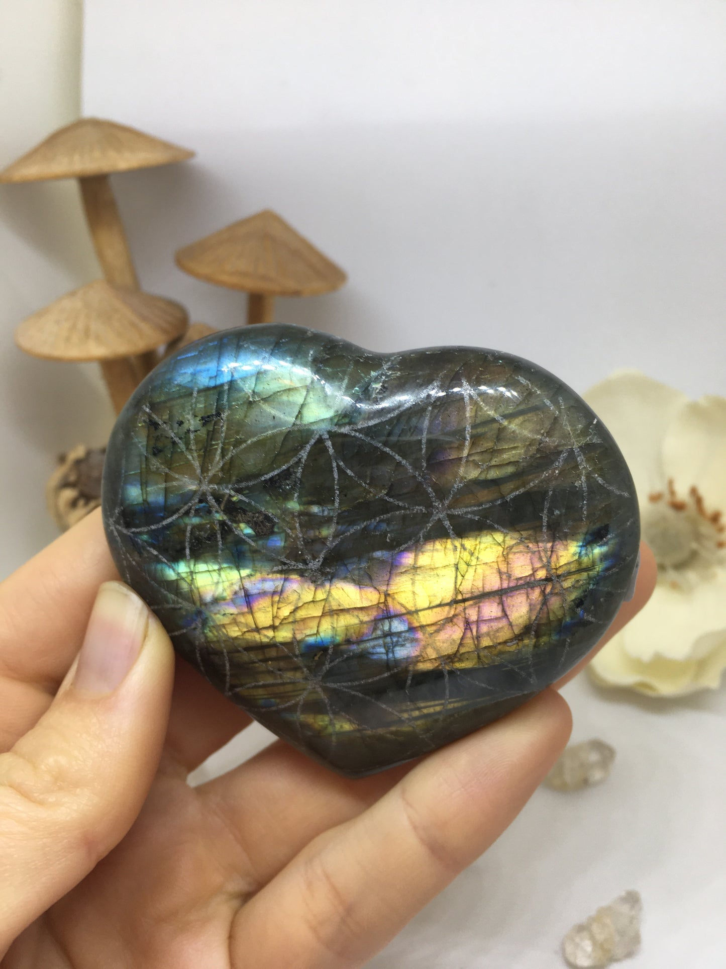 #22 Streaky Rainbow and Purple Flash Labradorite Heart Etched with Flower of Life - Fractalista Designs