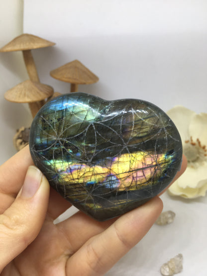 #22 Streaky Rainbow and Purple Flash Labradorite Heart Etched with Flower of Life - Fractalista Designs