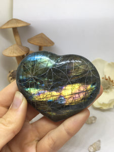 #22 Streaky Rainbow and Purple Flash Labradorite Heart Etched with Flower of Life