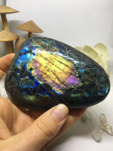#131 Deep Rainbow Electric Blue Gold and Purple Extra Large Labradorite Palmstone Etched with Flower Of Life