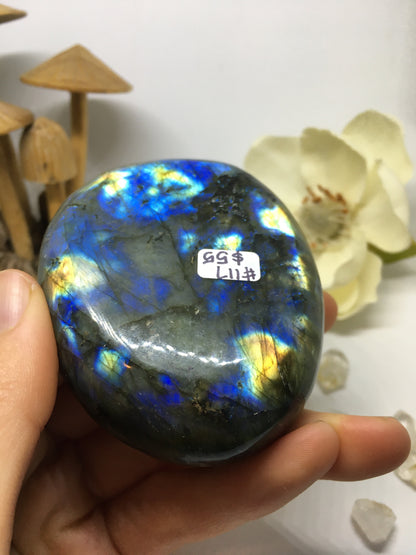 #117 Magestic Extra Large Labradorite Palmstone Etched with Cute Mandala - Fractalista Designs