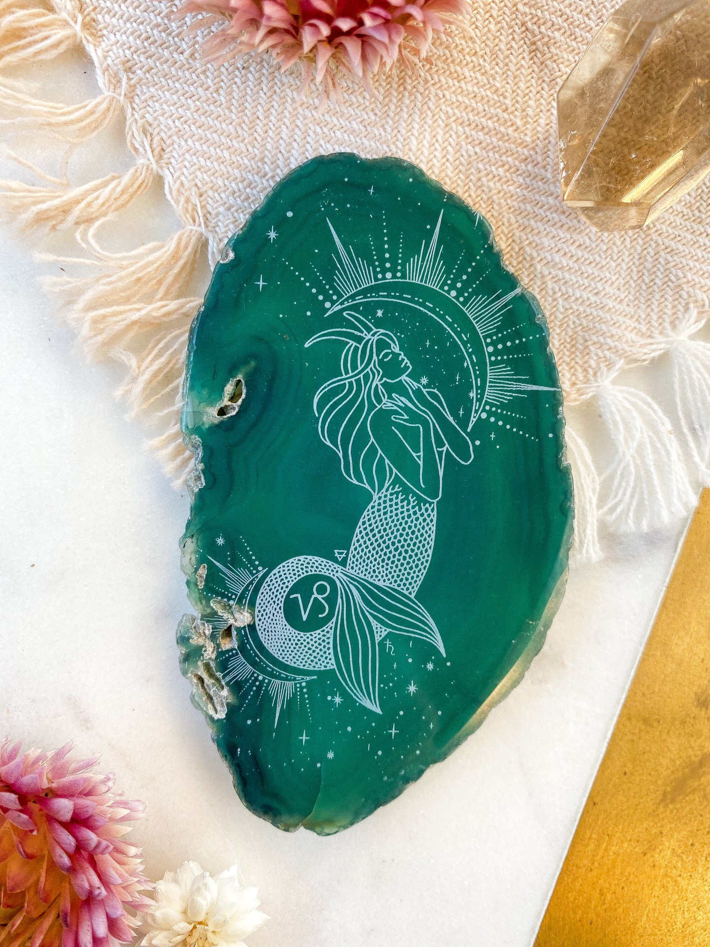 “Ambition” Capricorn Mermaid Sea Goat Zodiac Goddess Agate Slices - Oblong