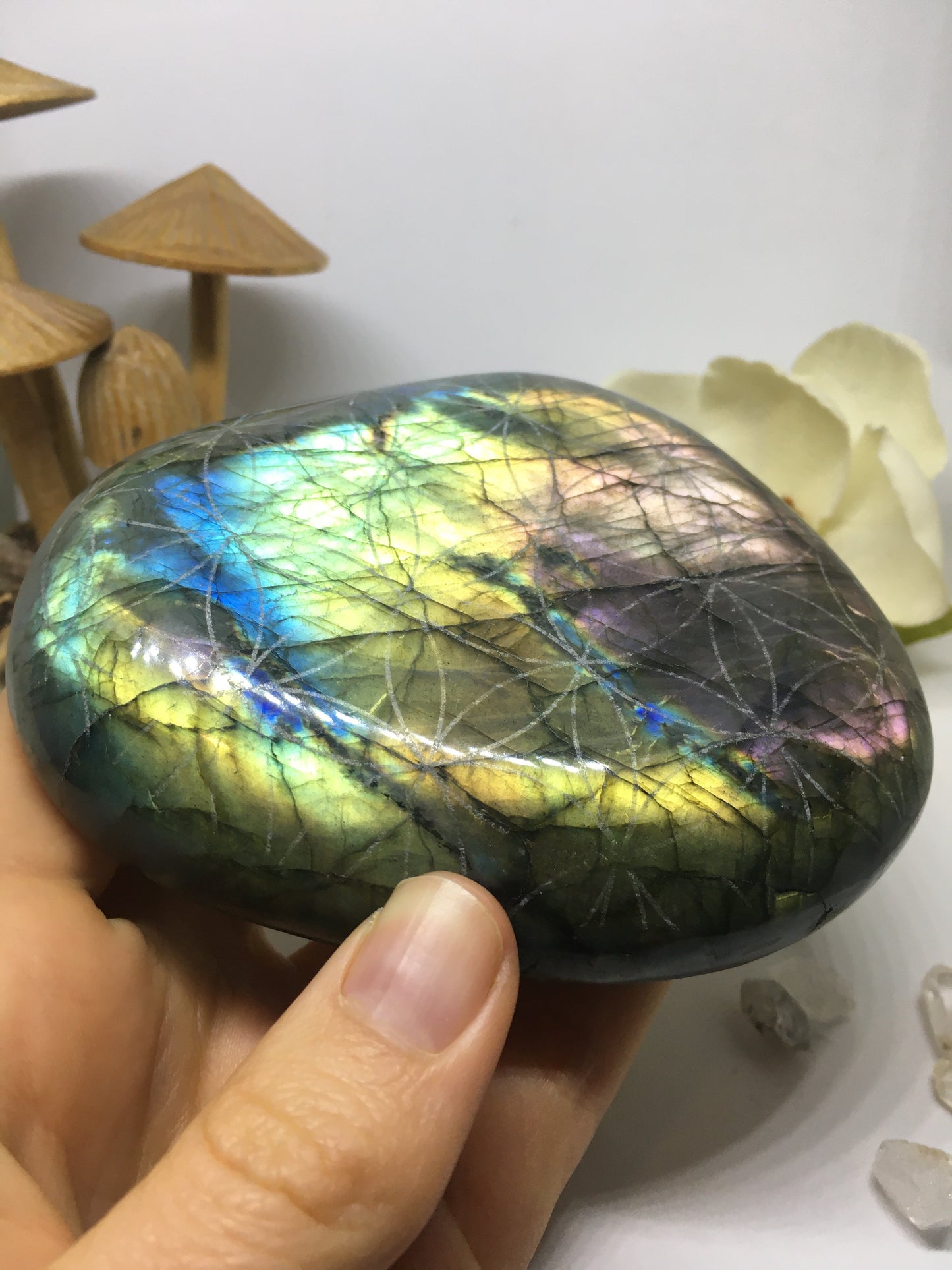 #130 Colorful Gold and Purple Extra Large Labradorite Palmstone Etched with Flower Of Life - Fractalista Designs