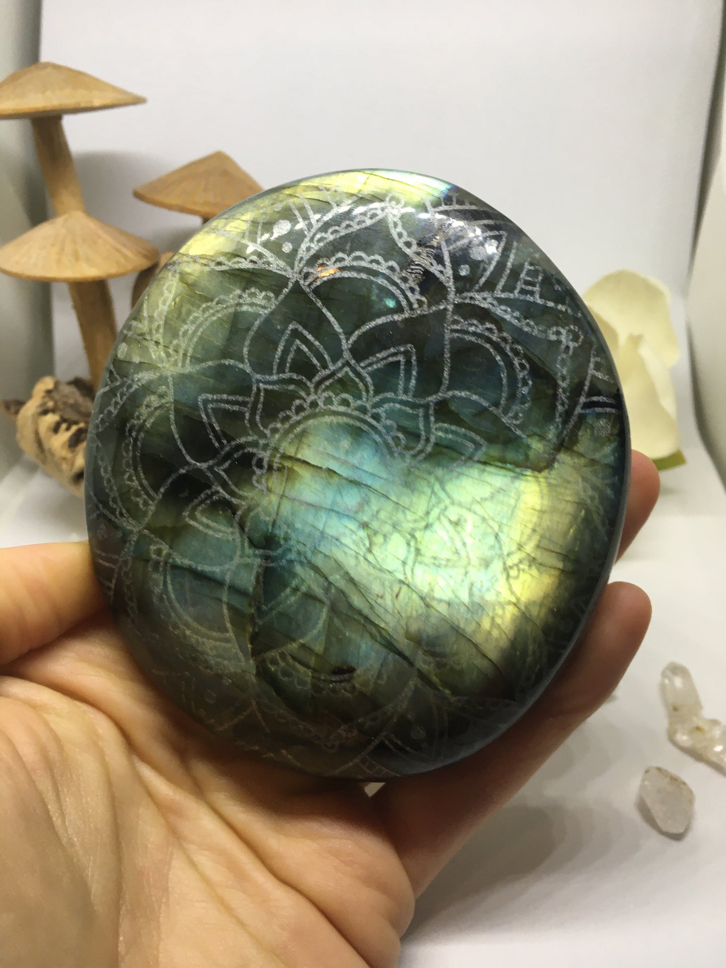 #124 Green and Gold Extra Large Labradorite Palmstone Etched with Om Mandala - Fractalista Designs