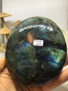 #124 Green and Gold Extra Large Labradorite Palmstone Etched with Om Mandala
