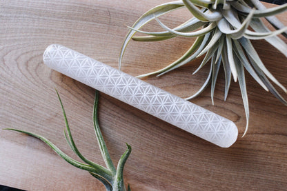 Etched Selenite Massage Wand Sacred Geometry "Flower of Life" - Fractalista Designs