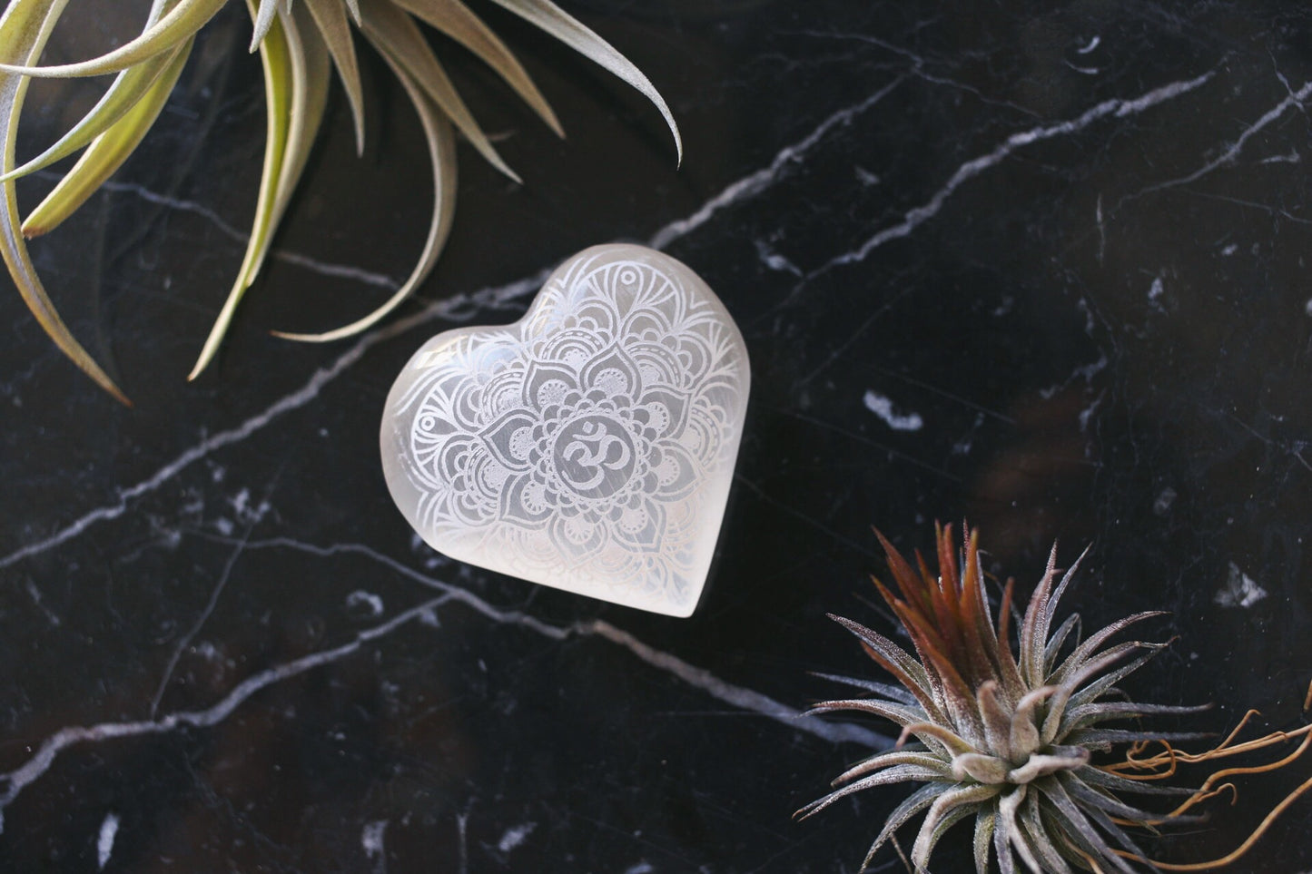Etched Selenite Heart "Om Mandala" - Fractalista Designs