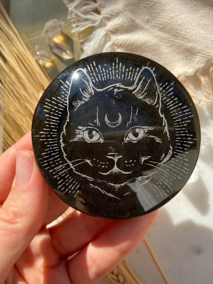 Gold Sheen Obsidian Disc Crystal Grid with “Midnight Familiar” Cat