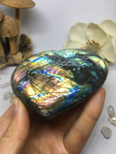 #135 Beautiful Deep Rainbow with Purple Large Labradorite Heart Etched with Radiate Bliss