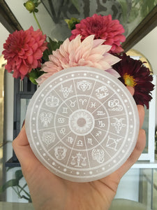 *CLEARANCE*  2ND QUALITY OR DAMAGED “Zodiac Wheel” Horoscope Selenite Cleansing Disc, Charging Plate and Crystal Grid