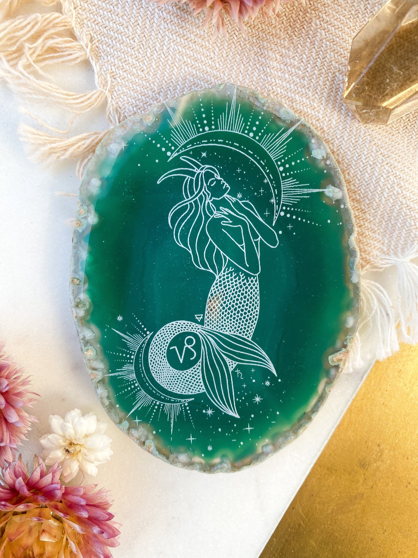 “Ambition” Capricorn Mermaid Sea Goat Zodiac Goddess Agate Slices - Oblong