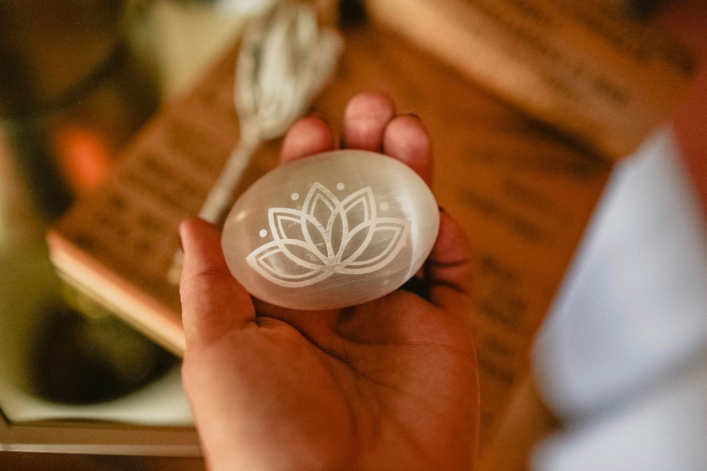 Etched Selenite Meditation Palm stone "Lotus Bloom" - Fractalista Designs