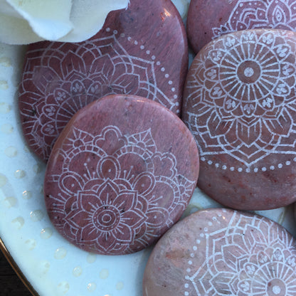 Rare Pink Petrified Wood Palmstone Etched with Mandala, Henna, Or Sacred Geometry
