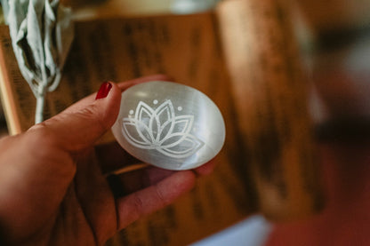 Etched Selenite Meditation Palm stone "Lotus Bloom" *CLEARANCE* 2ND QUALITY OR DAMAGED - FINAL SALE - Fractalista Designs