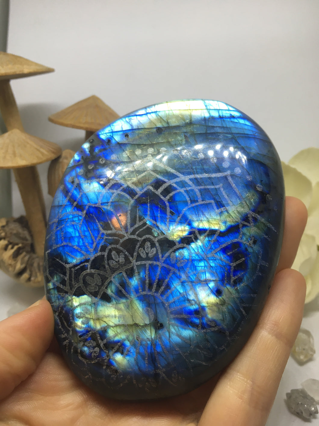 #127 Stunning Extra Flashy Electric Blue and Green Extra Large Labradorite Palmstone Etched with Radiate Bliss Mandala