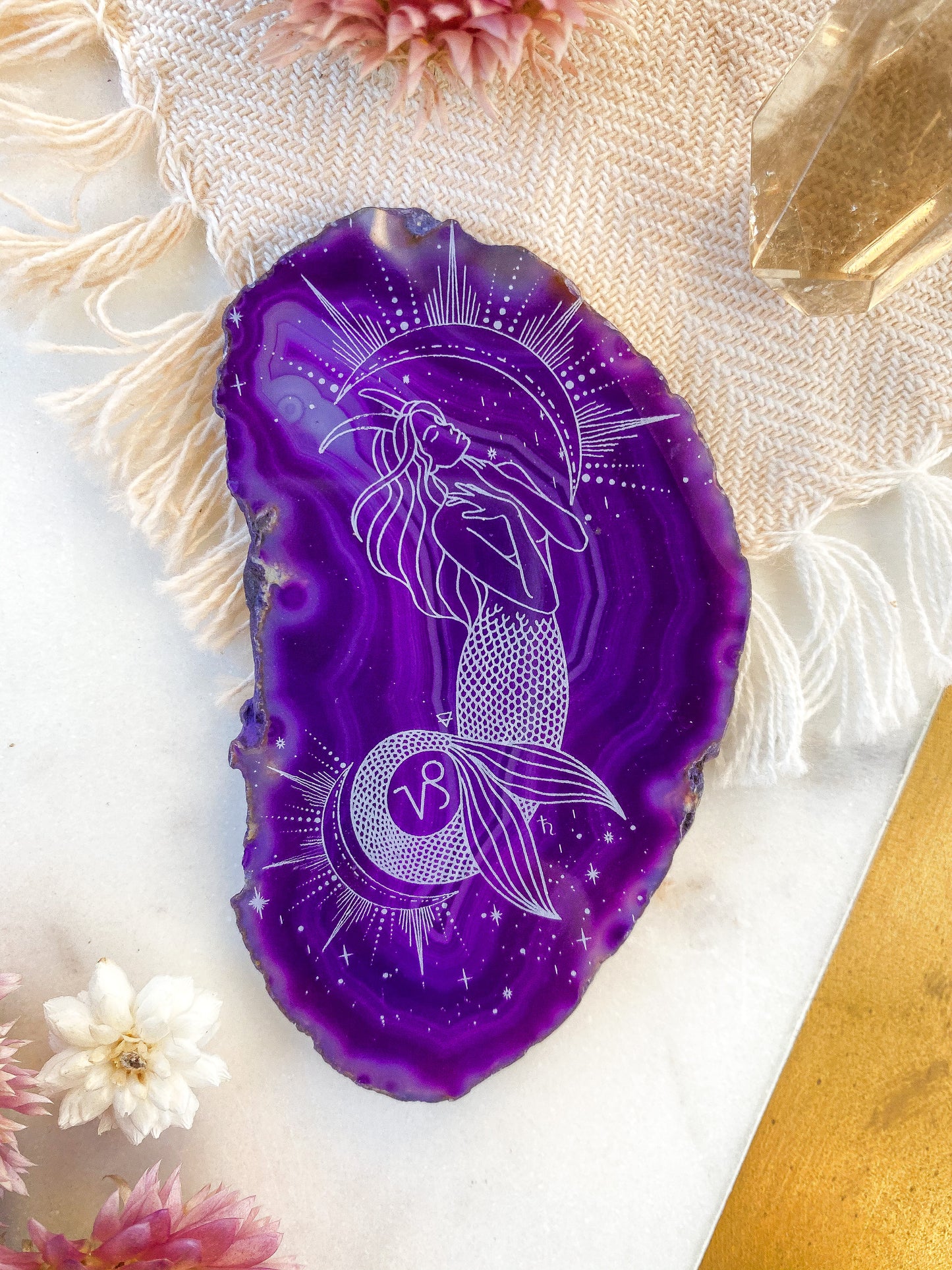 “Ambition” Capricorn Mermaid Sea Goat Zodiac Goddess Agate Slices - Oblong