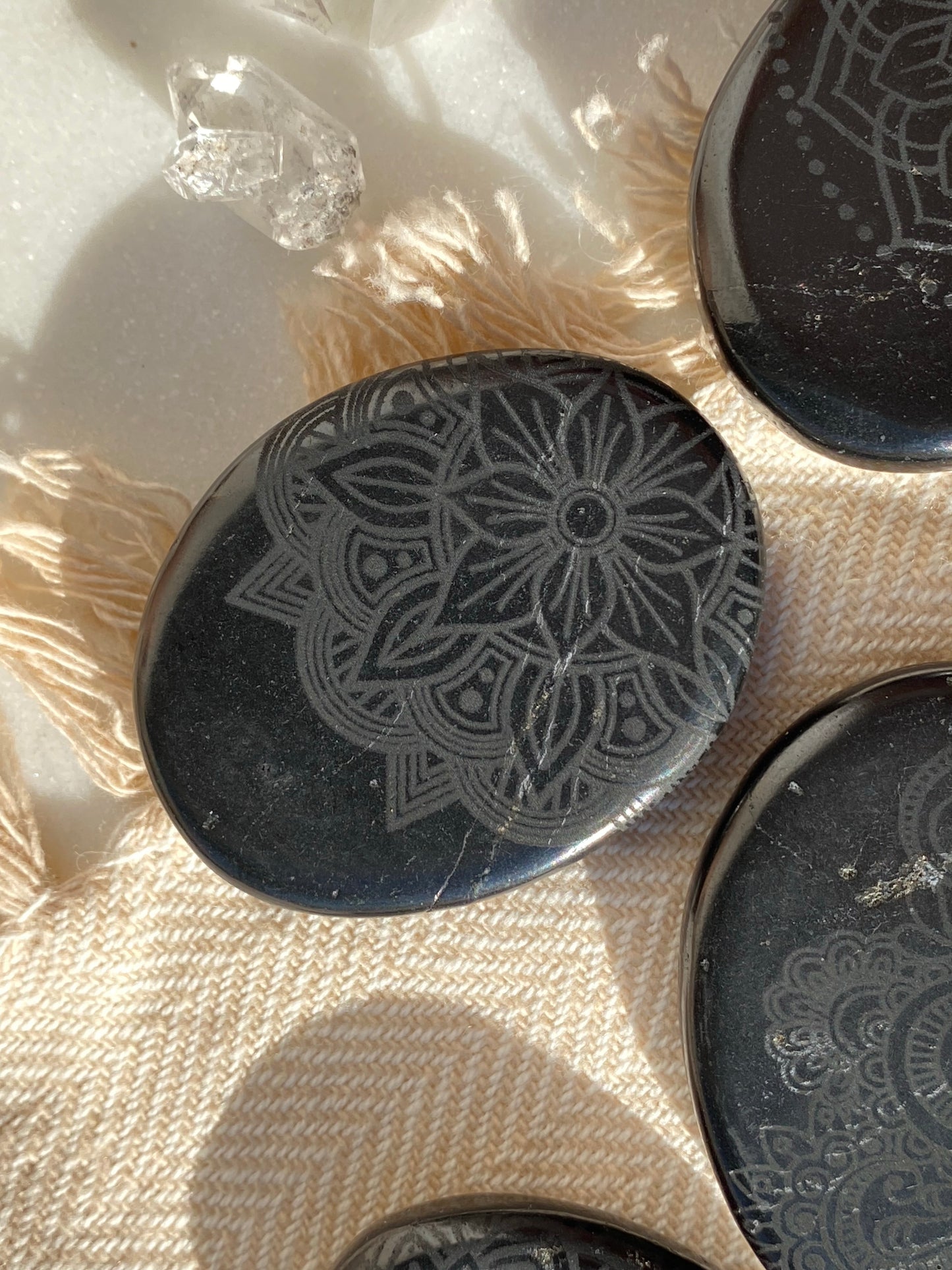 Shungite Pocket Stone Etched with Various Mandalas