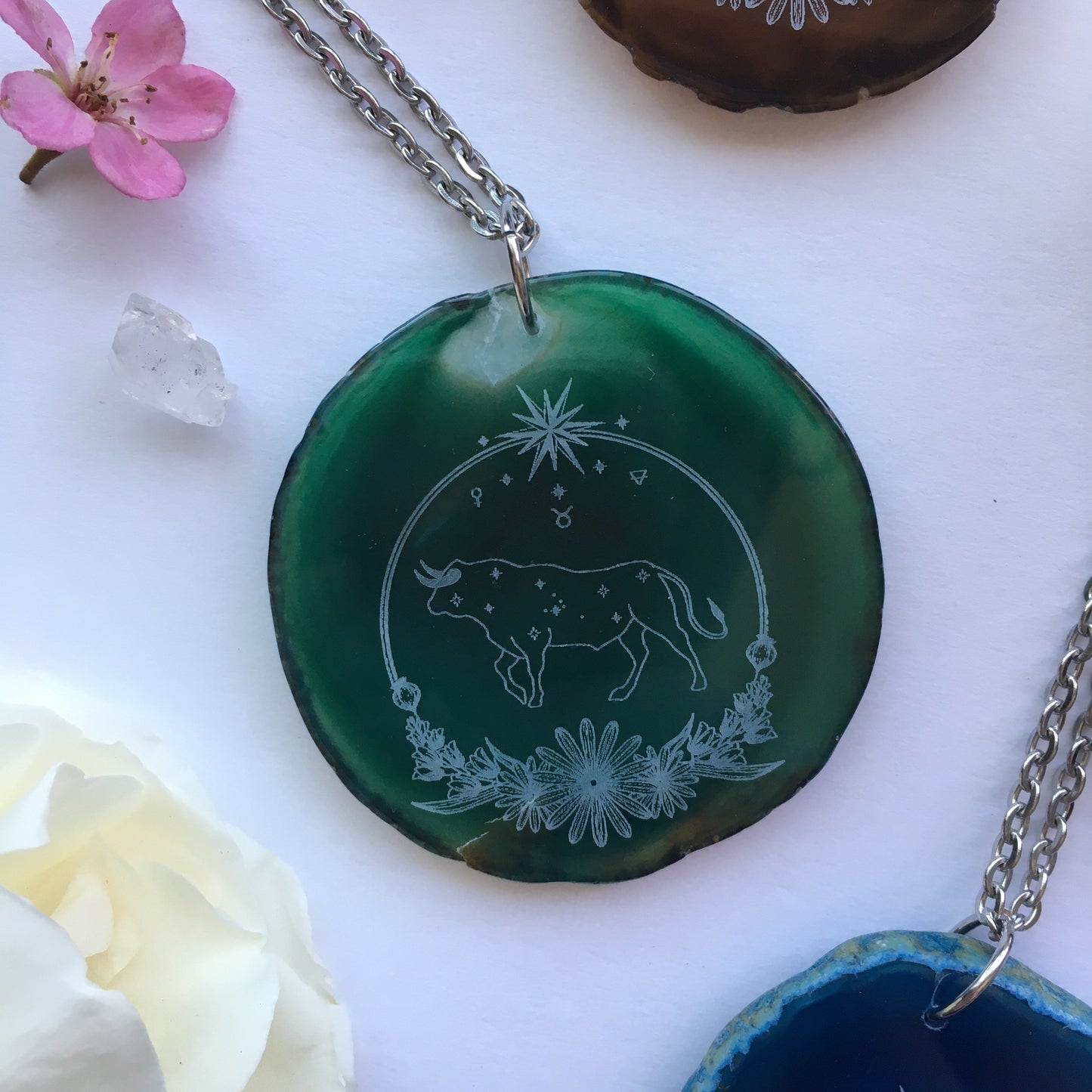 “Taurus Sigil” Agate Slice Pendant Necklace - Flower Essence Collection / Taurus