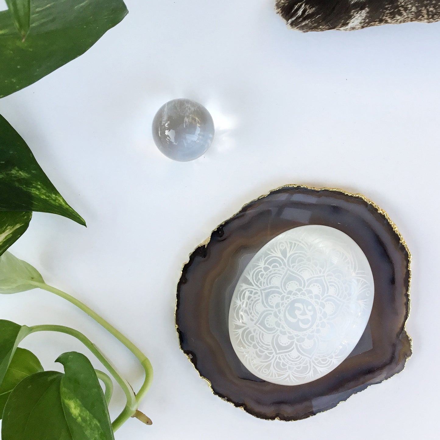 Etched Selenite Meditation Palm stone "OM Mandala" *CLEARANCE* 2ND QUALITY OR DAMAGED - FINAL SALE - Fractalista Designs