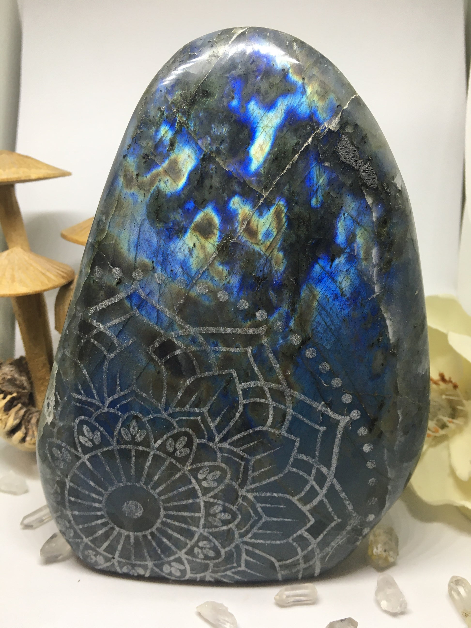 #140 Gorgeous Pink and Blue Extra Large Labradorite Standing Freeform Etched with Radiate Bliss Mandala - Fractalista Designs