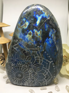 #140 Gorgeous Pink and Blue Extra Large Labradorite Standing Freeform Etched with Radiate Bliss Mandala