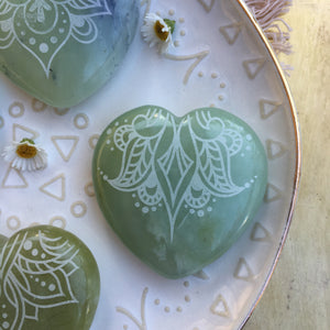Gorgeous 2” Jade Heart Etched with Henna, Mandala or Sacred Geometry