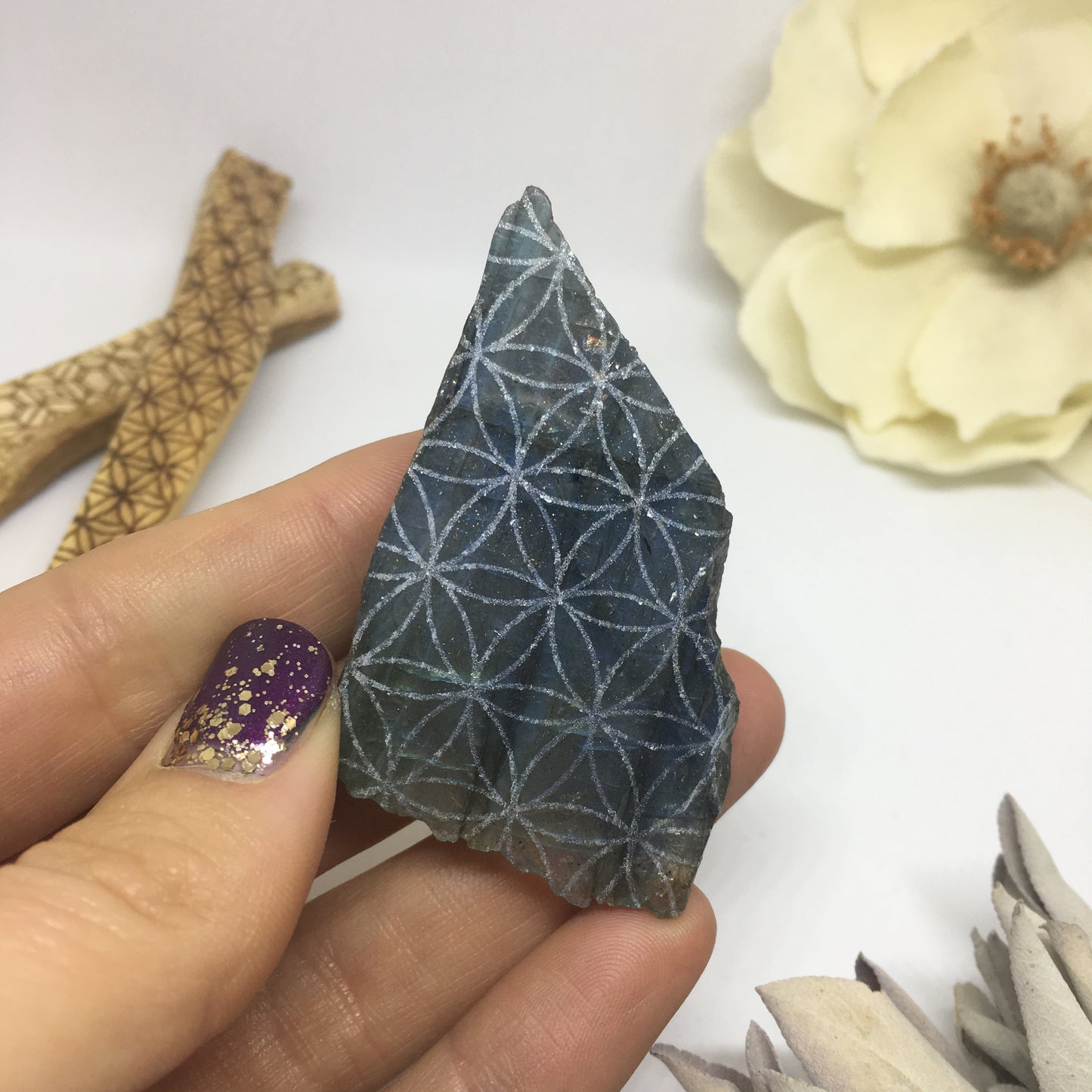 Intuitively Selected High Flash Electric Blue Half-Polished Labradorite Etched with  Flower of Life Sacred Geometry 10