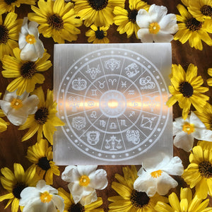 *CLEARANCE*  2ND QUALITY OR DAMAGED “Zodiac Wheel” Horoscope Selenite Cleansing Disc, Charging Plate and Crystal Grid
