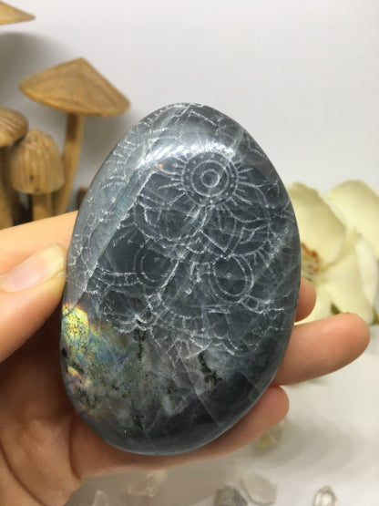 #108 Periwinkle Blue and Purple Labradorite Palmstone Etched with Flower Mandala - Fractalista Designs