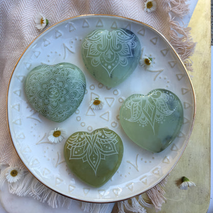 Gorgeous 2” Jade Heart Etched with Henna, Mandala or Sacred Geometry