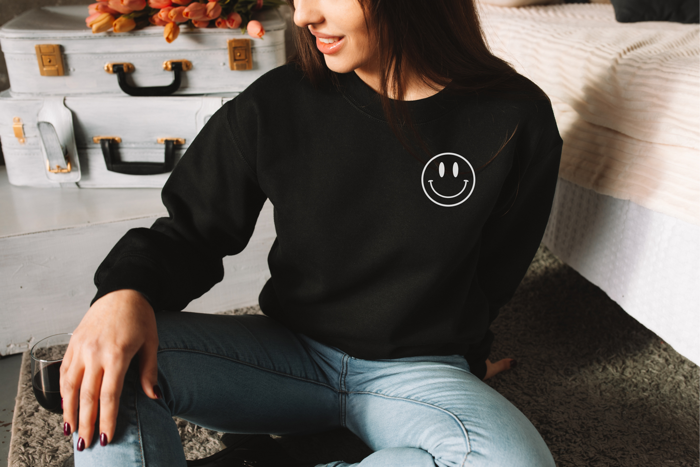 Keep on Smiling Smiley Face Sweatshirt Crew Neck