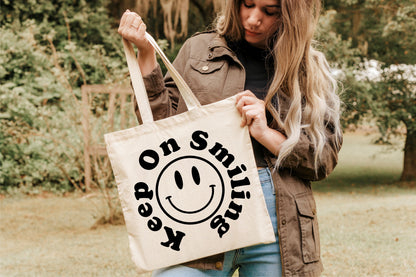 Keep on Smiling Canvas Tote Bag, Funny Sayings Tote Bag, Retro '90's Y2K Smiley Face Everyday Tote Bag, Happy Face Reusable shopping Bag