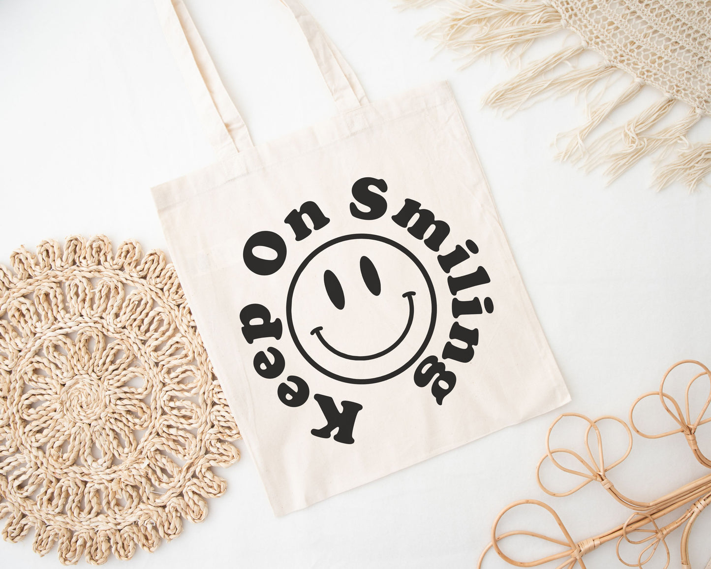 Keep on Smiling Canvas Tote Bag, Funny Sayings Tote Bag, Retro '90's Y2K Smiley Face Everyday Tote Bag, Happy Face Reusable shopping Bag