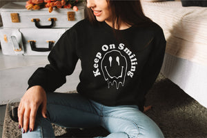 Keep On Keepin' On Melted Smiley Face Crewneck Sweatshirt, Oversized Trippy Happy Face Sweatshirt, 90s Y2K Grunge shirt, Gift for Vsco girl