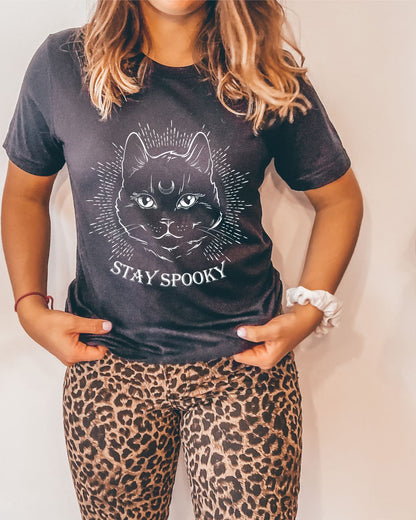 "Stay Spooky" Midnight Familiar Black Cat T-Shirt - Fractalista Designs